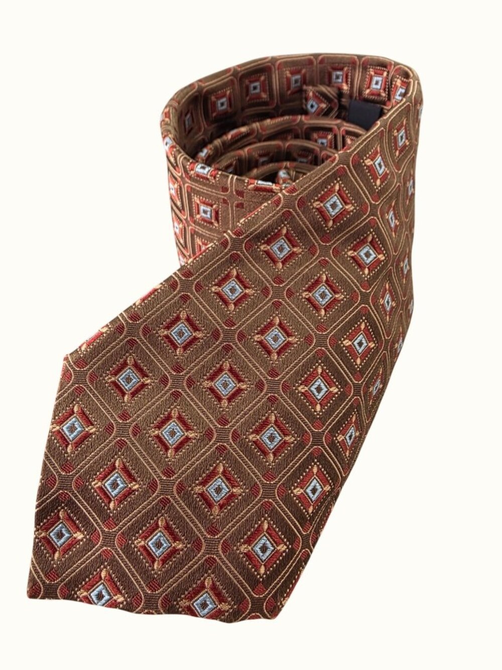 Y2K Hugo Boss Italy Silk Tie Copper Brown Geometric Jacquard Brocade 3.25x60